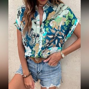Boho floral paisley print notched neck blouse
